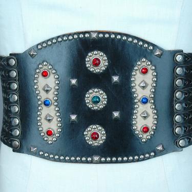 1940s Studded Motorcycle Belt | Vintage 40s 50s Black Leather Kidney Belt with Triple Buckle Closure | medium 