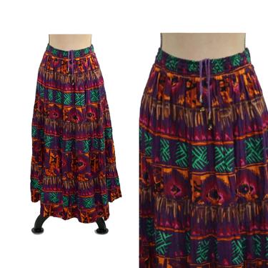 90s Full Maxi Skirt Medium Tribal Print Long Cotton Tiered Peasant Drawstring Waist Hippie Boho Bohemian 1990s Clothes Vintage Clothing 