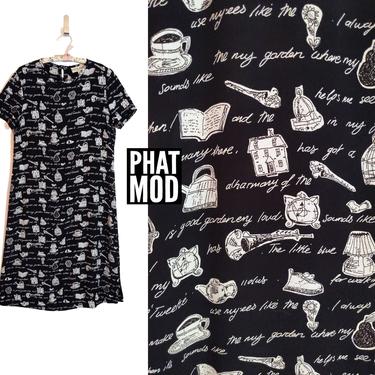 Moschino Vibes Vintage 90s Black &amp; White Kitschy Words and Sketches Novelty Print Oversized Dress 