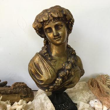 Antique Classical Lady Greek Bacchante Bust On Raised Plinth, Unsigned Bust, Woman With Grape Vine Crown, Metal Sculpture 