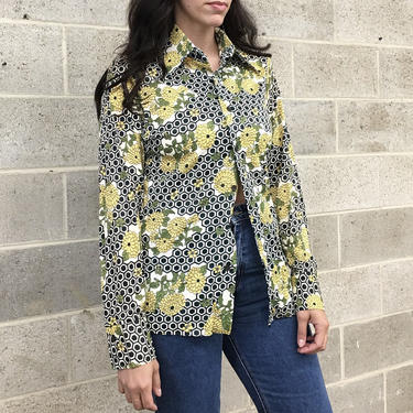 Vintage Shirt Retro 1970s Geometric Print + Floral + Button-down + Size Medium + Pointed Collar + Long Sleeves + Unisex Apparel 