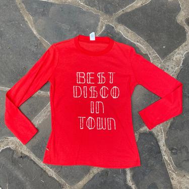 70s vintage DISCO graphic t shirt M / vintage 1970s Novelty fun glitter Best Disco In Town red long sleeve tee shirt 