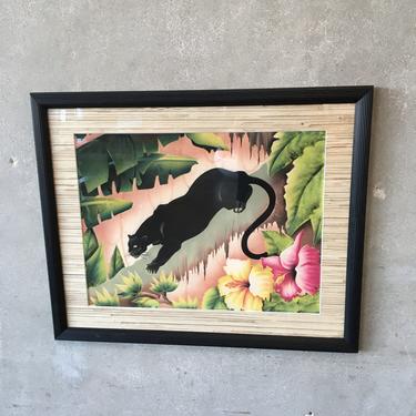 Vintage Black Panther Hibiscus Lithograph Print Tiki Decor