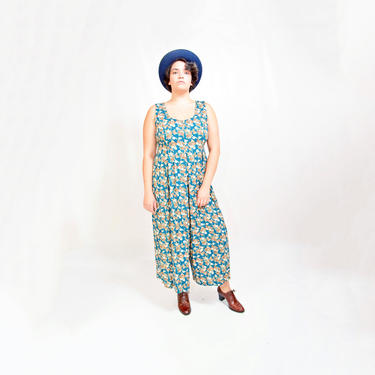 vintage 90s teal gingham + floral print wide legged palazzo jumpsuit 1990s casual grunge tank one piece SML o/s 