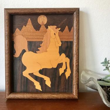 70's Unicorn Wall Art - Wood Inlay Unicorn Unicorn Picture - Wood Framed Prancing Unicorn in Desert Artwork - Rearing Unicorn Wood Wall Art 