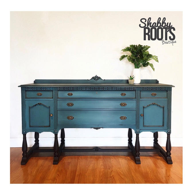 New Gorgeous Antique Jacobean Buffet Sideboard In Deep Blue