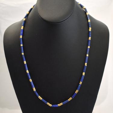 Edgy 80's Egyptian style lapis lazuli gold plated metal necklace, bold blue stone tubes heavy gold plate discs ethnic bead necklace 