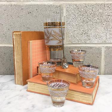 Vintage Cocktail Shaker Set Retro 1960s Mid Century Modern + Frosted Glass + Wheat Design + Set of 4 Matching Shot Glasses + MCM + Barware 