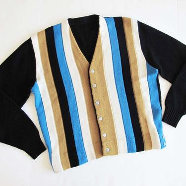 Vintage 1960s Striped Cardigan Large - 60s Multicolor Stripe Cardigan Sweater - Grunge Grandpa Cardigan - Black Cardigan - Kurt Cobain 