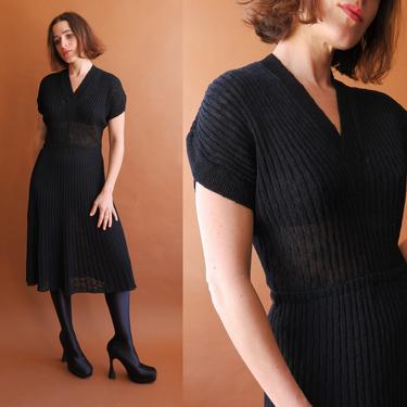 Vintage 40s 50s Knit Ribbed Dress/ 1940s Sheer Black Dress/ Size Small Medium 