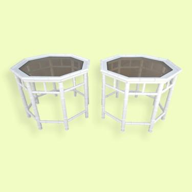Pair of Palm Beach White Faux Bamboo Octagonal End Tables 