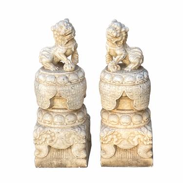 Chinese Pair White Marble Stone Fengshui Foo Dogs Statues cs6970E 