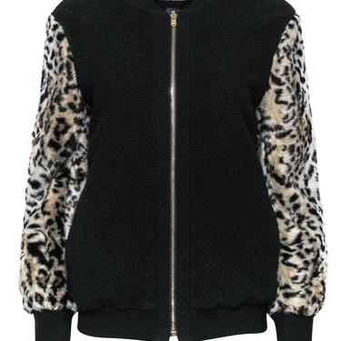 Club Monaco - Black Zip-Up Bomber Jacket w/ Faux Fur Leopard Print Sleeves Sz S