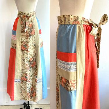 Vintage 70's CALICO + LACE Maxi Peasant Skirt / Baby Blue + Peach / POCKETS + Tie 