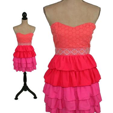 Y2K Mini Dress Small, Strapless Fit and Flare, Hot Pink &amp; Orange, Tiered Ruffle Short Party Dress, Teen Women Clothes 2000s Vintage Clothing 