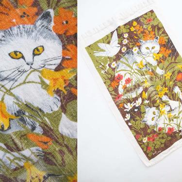 Vintage 60s Cat Linen Tea Towel - 1960s White Cats Playing In Orange Flower Field Kitchen Towel - Kitten Kitty Lover Gift 