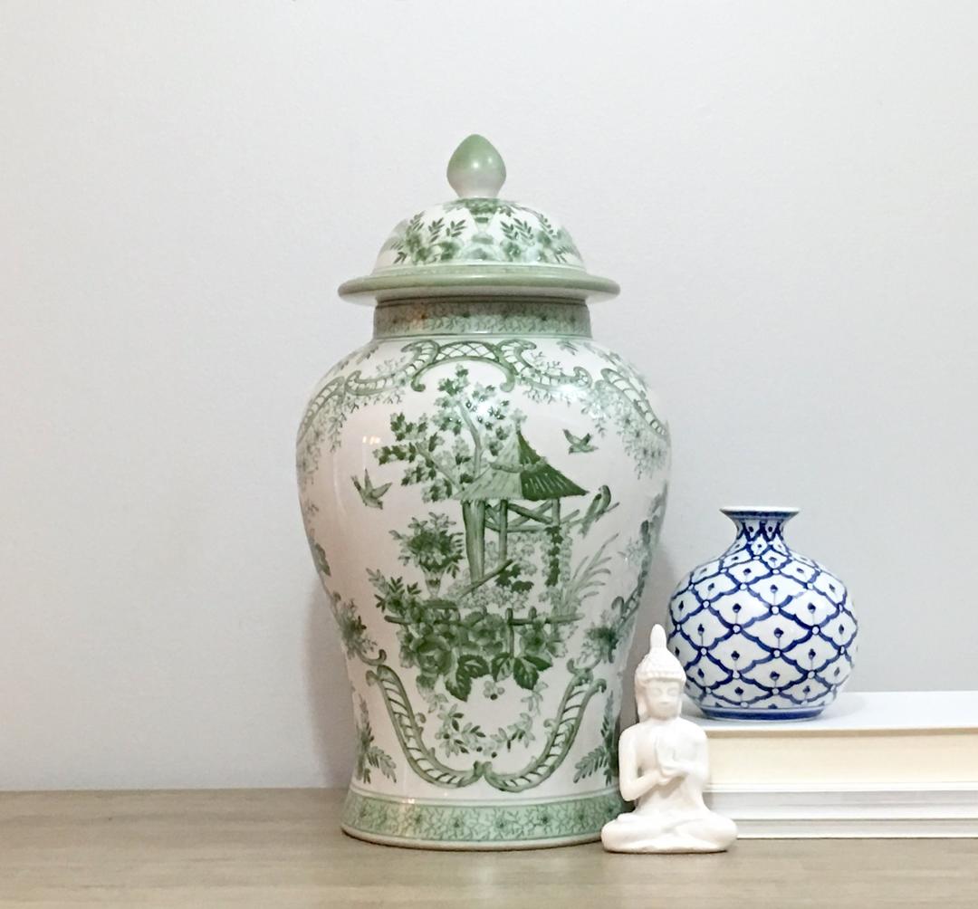Large Ginger Jar Mantle Urn 16" Tall Green White Pagoda Floral Design Chicago, IL