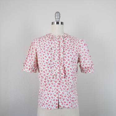 Vintage 1950s floral blouse, cotton, ruffle, top, separates, size small 