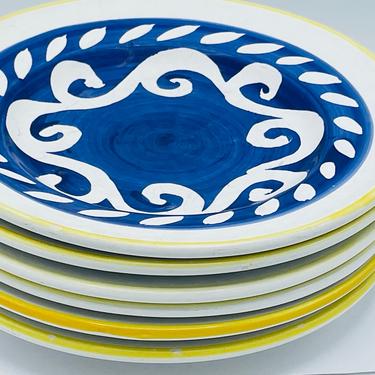 Vintage 6 PC Salad Desert Plate  Dish set Blue and Yellow hand Painted ITALY-Nice Condition-1997 The Cellar for Federated Department Stores 