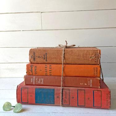 Vintage Stack of 4 Bundled Orange Books // Linen Books Antique Books Assortment // Farmhouse Orange Books, Instant Orange Shabby Library 