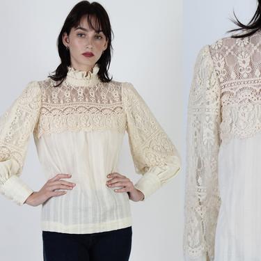 Ivory Floral Lace Victorian Blouse / Vintage 70s Sheer Puff Sleeve Top / Embroidered Crochet Peasant Blouse 
