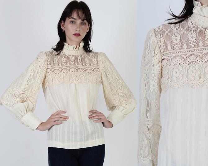 Vintage 70’s outlet Boho Lace Trim Cream Blouse