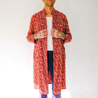 Vintage 50s 60s Capper & Capper Distressed Burgundy Robe Smoking Jacket w/ Sweeping Broom Print | 100% Rayon | 1950s 1960s Unisex Duster 