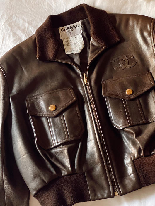 Vintage CHANEL CC Logo Brown Leather BOMBER Aviator Quilted Jacket, Moonstone Vintage