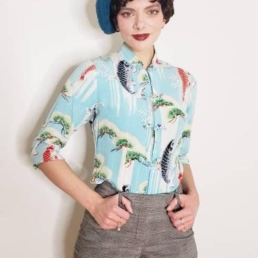 Vintage Silkprint Blouse Turquoise Blue Koi Japanese Art Print / Fitted Button Down Shirt Asian Mandarin Collar / M 