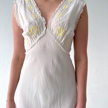 1940's White Slip with Yellow Leaf Embroidery