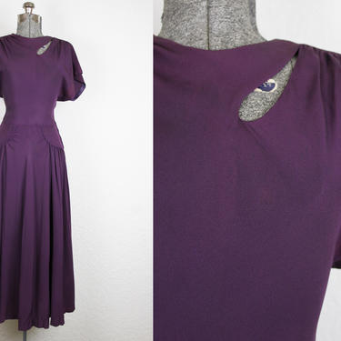 1940's Purple Rayon Crepe Cocktail Dress with Cut Out Details / Size Large 
