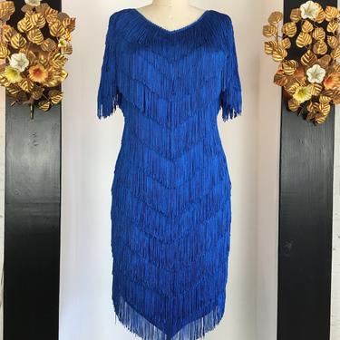 Vintage 80s French Rags Cobalt Blue Fringe Tiered Dress | Made in USA ...