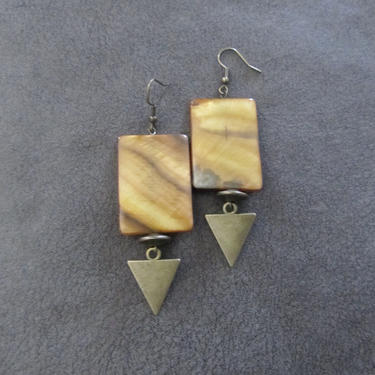 Large mother of pearl earrings, shell statement earrings, bold shell, boho tribal earrings, unique earrings, rectangle geometric earrings 