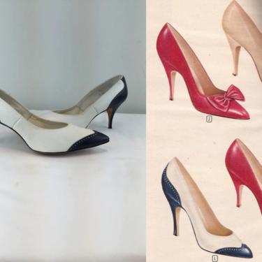 Sky High She Flew - Vintage 1950s 1960s Navy Blue &amp; White Leather Spectator Pumps Shoes Heels - 7AA 