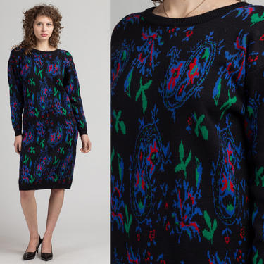 80s Black Floral Paisley Sweater Dress - Medium | Vintage Liz Claiborne Long Sleeve Knit Oversize Pullover Midi Dress 