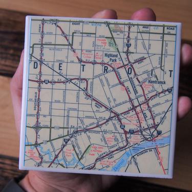 1981 Detroit Michigan Map Coaster - Ceramic Tile - Repurposed Vintage 1980s Road Atlas - Handmade 