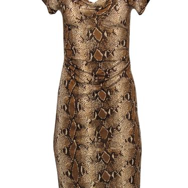 Diane von Furstenberg - Tan Snakeskin Print Ruched Silk Midi Dress Sz 2