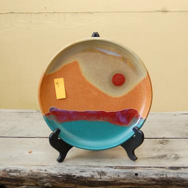 Walt Glass (1943-2016) Studio Art Pottery 11 3/8&quot; Dinner Plate ~Texas Sunset w 4 Color, Drip Glaze, Terracotta, Teal & Magenta over Sand #4 