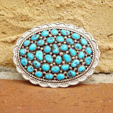 Vintage Navajo Hand Made Sterling Silver Blue Turquoise Cluster Belt Buckle, Large Oval Buckle With Hammered Silver Designs, 3 1/2&amp;quot; W 