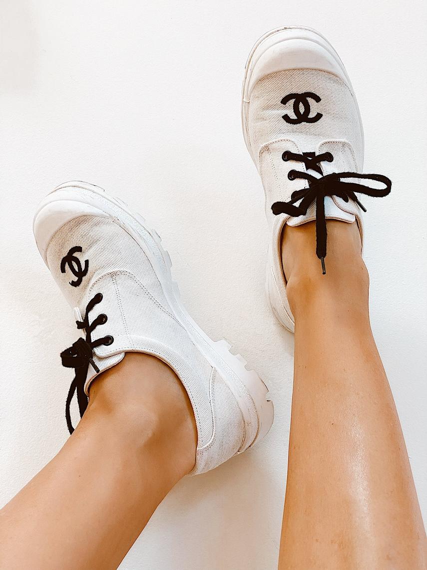 Vintage CHANEL CC Logos White Black Fabric Sneakers Trainers