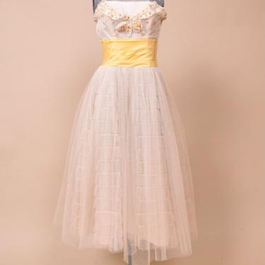 1950s White and Yellow Tulle Gown Puffy Prom Dress, XS