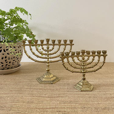 Vintage Menorahs -Brass Menorahs - Set of Two Petite Menorahs - Wainberg - Israel - Judaica 