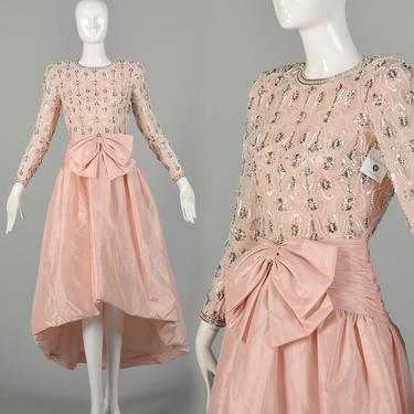 XS 1980s Victoria Royal Gown Pink Taffeta Hi-Lo Skirt Beaded Pearl Bodice 