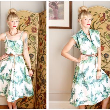 1950s Dress // Fern Leaf Print Dress &amp; Bolero // vintage 50s dress 
