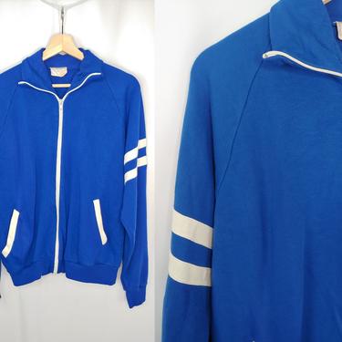 Vintage 80s Blue Athletic Zip Up Sweatshirt - Eighties Men's Blue White Gym Coach Sweatshirt - Large 
