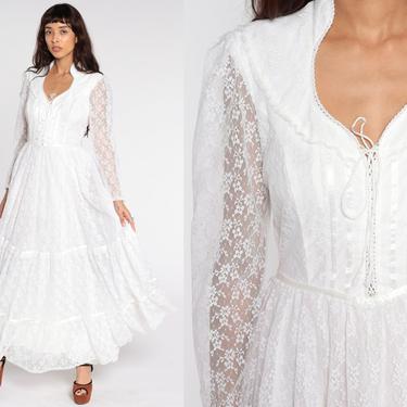 Gunne Sax Dress 70s White Lace Dress Maxi Prairie Dress Lace Up Corset Bohemian Wedding Dress Lace Ruffle Bib 1970s Boho Hippie Small S 13 