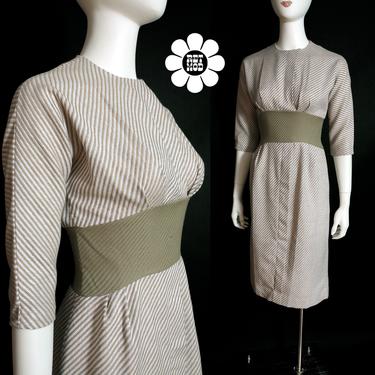 NWOT Lovely Vintage 60s Tan Pinstripe Hourglass Dress 