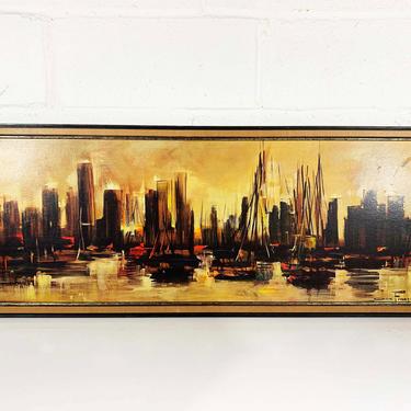 Vintage Ozz Franca Print Waterfront Painting Photolithograph Cityscape City Skyline Harbor Litho Mid-Century Modern MCM Horizontal 1960s 60s 