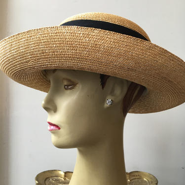 1980s straw hat, vintage 80s hat, wide brim hat, black ribbon hat, hat with bow, summer hat, 1980s sun hat, classic straw hat, natural, 22 