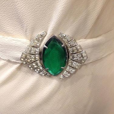 Belt detail from 1930s gown- green glass and rhinestones.  #1930s #1930saccessories #vintageevening #pollysuesvintageshop